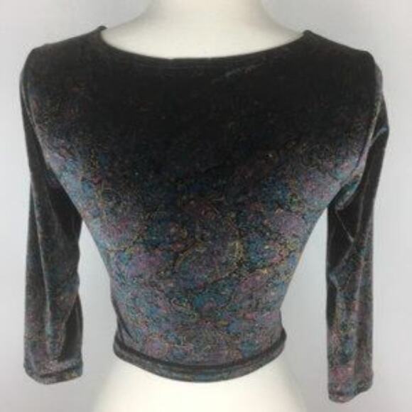 Ecote UO Bianca Black Velvet Paisley Shirred Crop Top XS - Picture 5 of 9